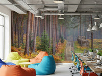 Fall season forest pathway wall mural in a modern home office.