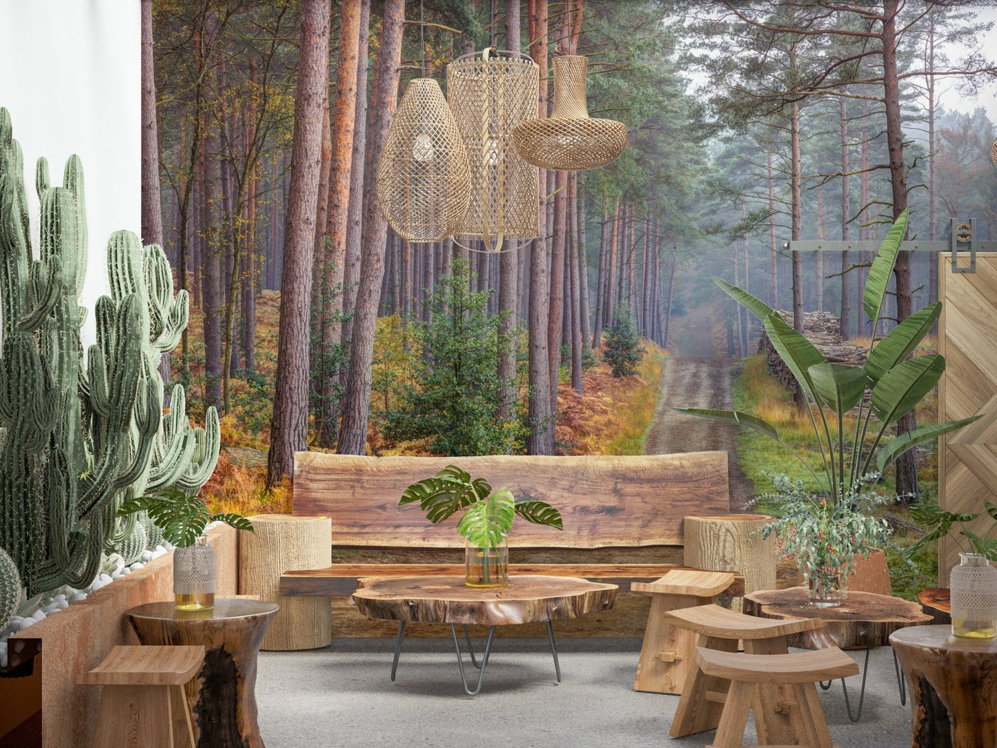 Vibrant orange and yellow forest wall mural for a hallway.