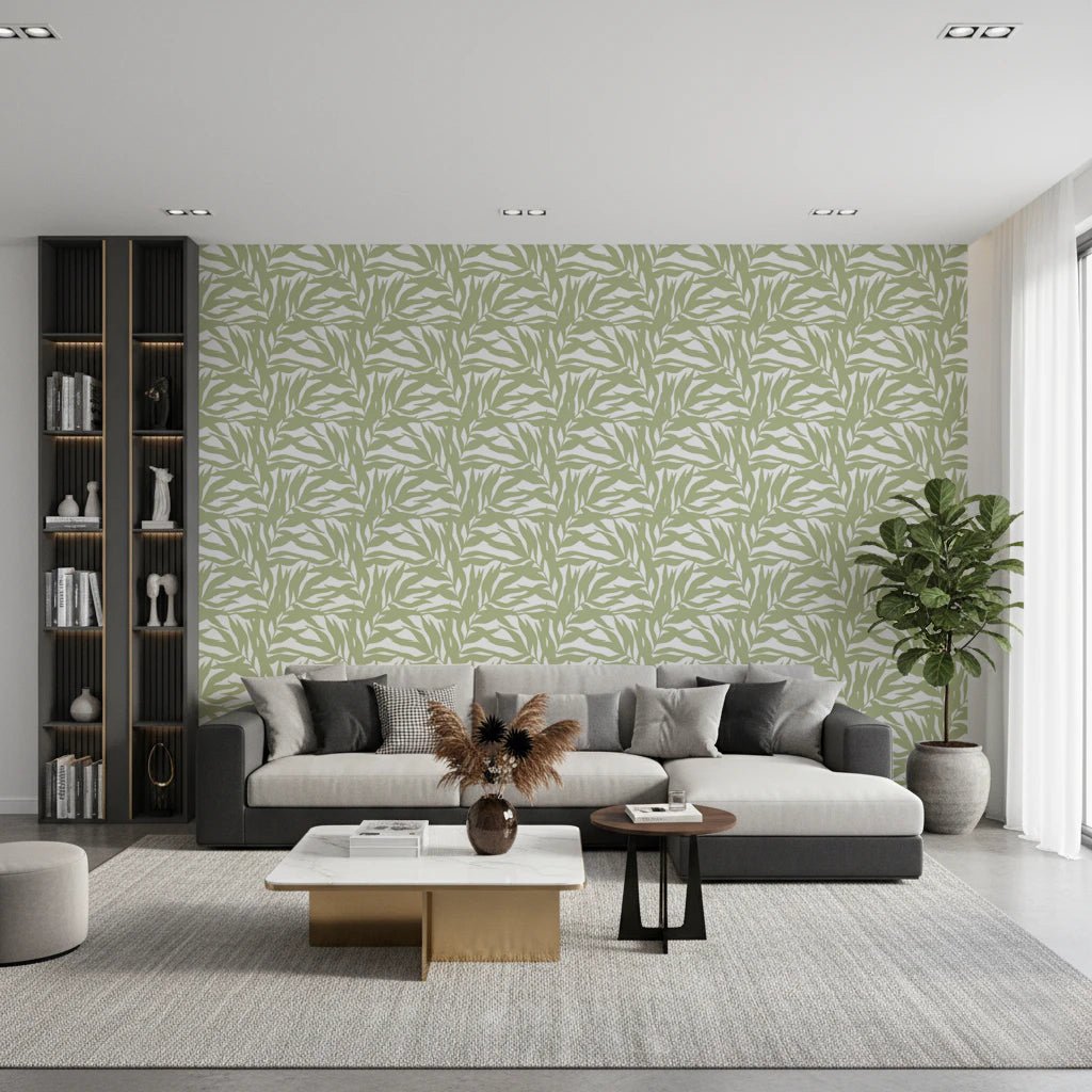 Serene Sage Canopy Leaves Wallpaper in a simple soft green botanical print, GD8815
