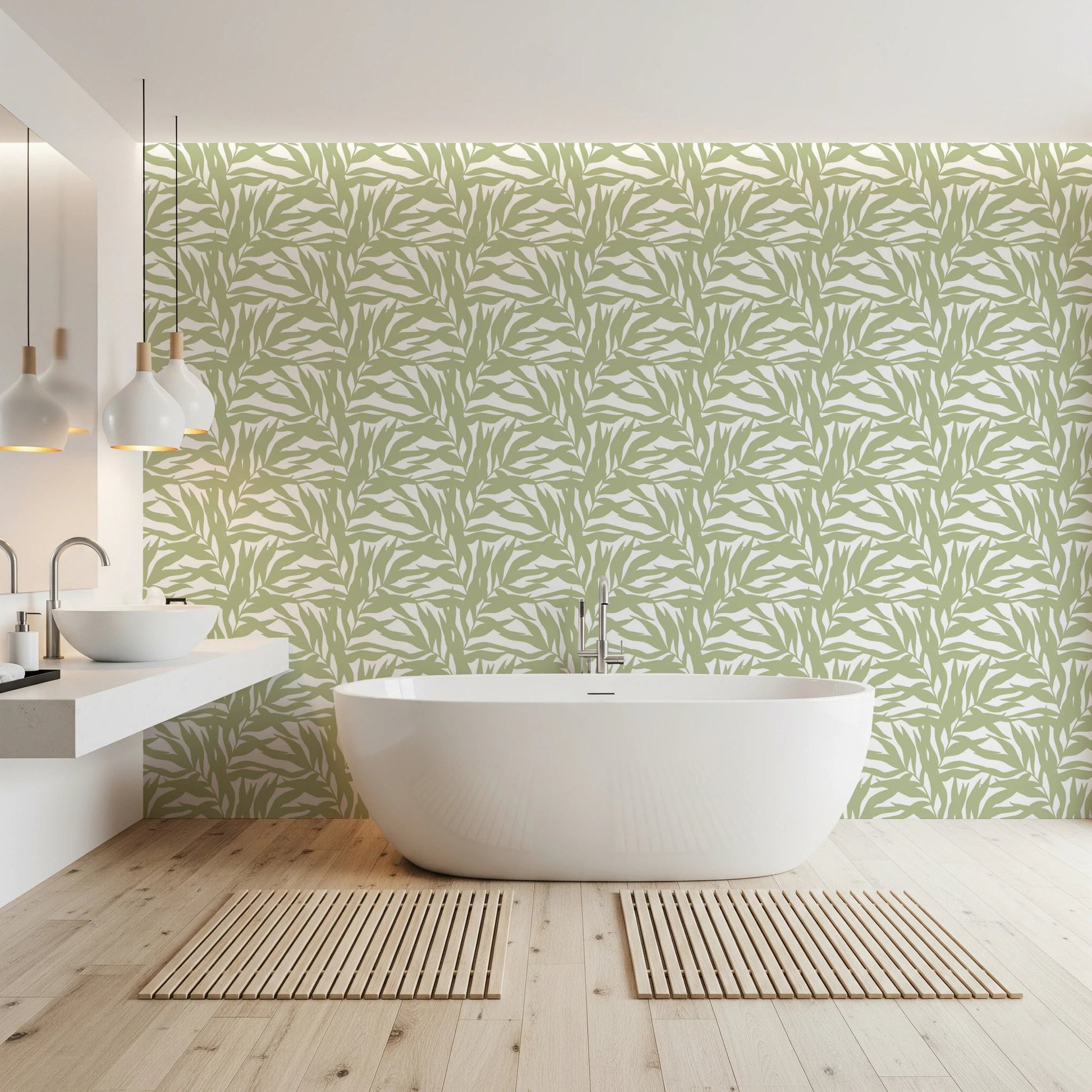 Sage foliage bathroom wallpaper with layered leaf silhouettes in an airy design, GD8815