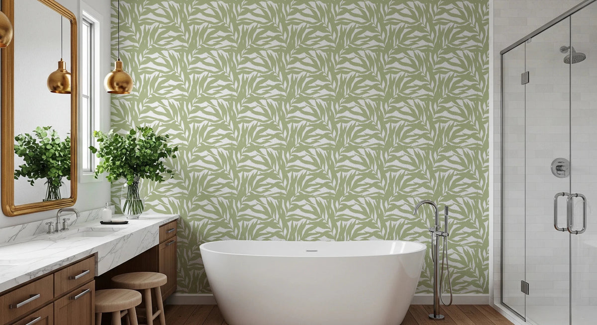Serene Sage Canopy Leaves bathroom Wallpaper with layered botanical leaf silhouettes, GD8815