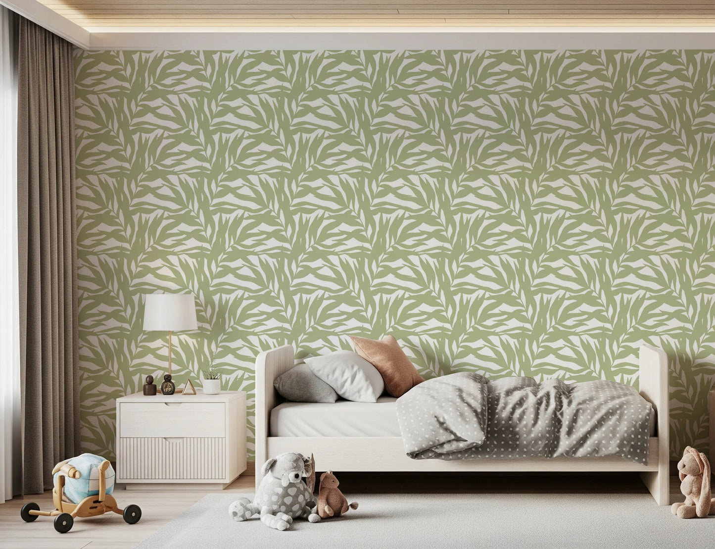 Botanical bedroom wallpaper with overlapping sage leaf motifs in a soft repeat, GD8815