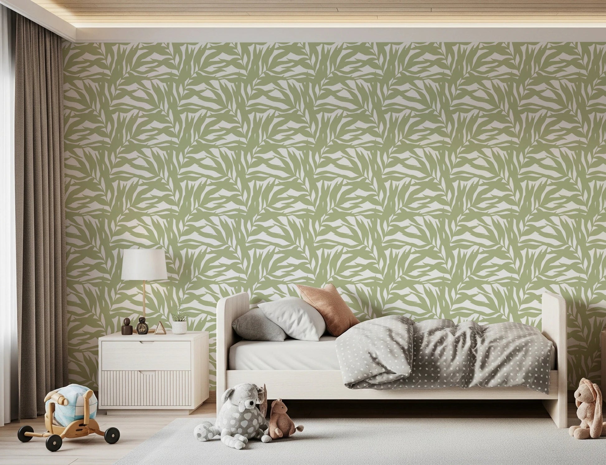 Botanical bedroom wallpaper with overlapping sage leaf motifs in a soft repeat, GD8815