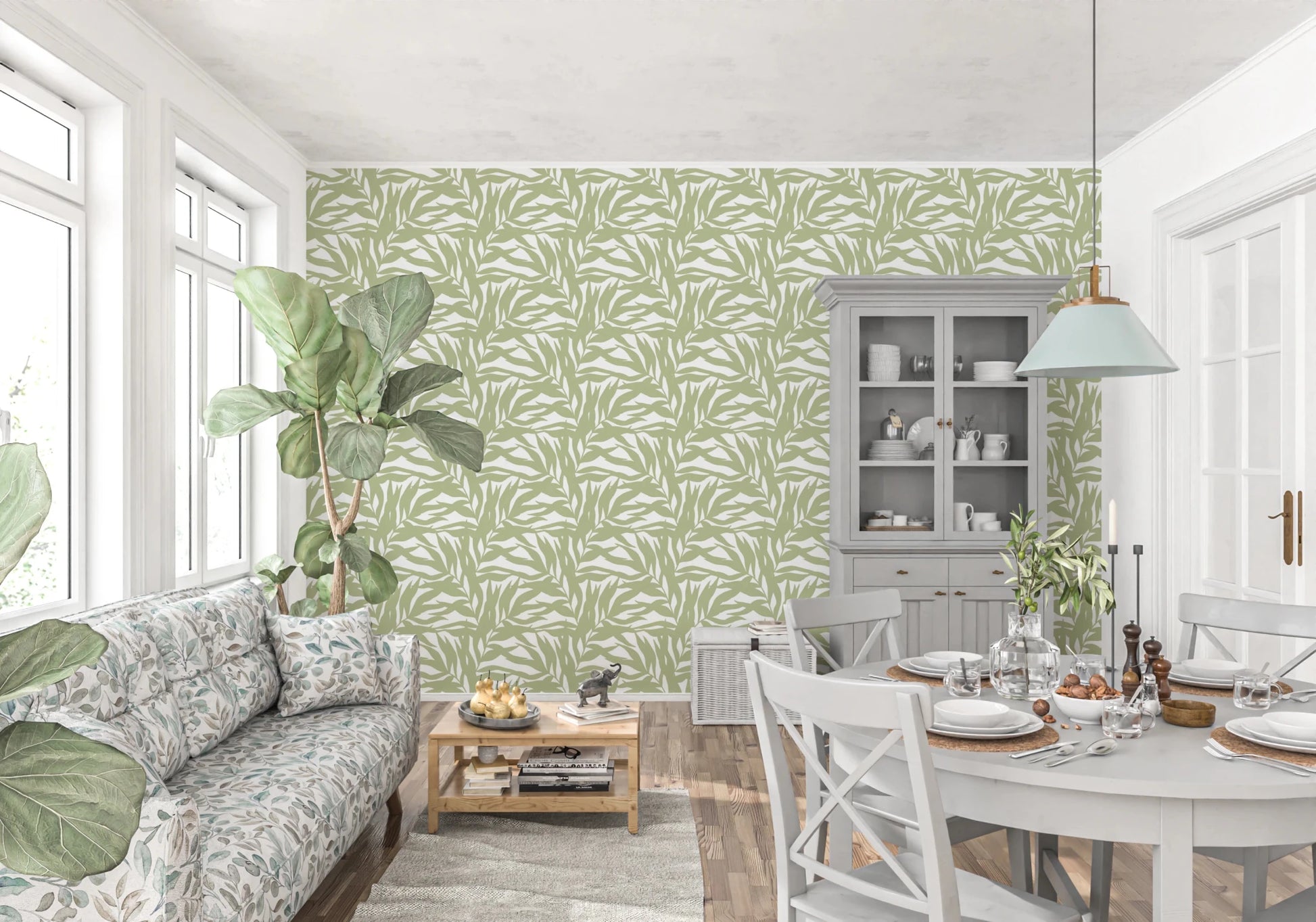 Sage leaves wallpaper in a soft repeating canopy pattern on a light base, GD8815