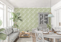 Sage leaves wallpaper in a soft repeating canopy pattern on a light base, GD8815