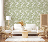 Light-ground wallpaper with sage botanical forms and leafy pattern detail, GD8815