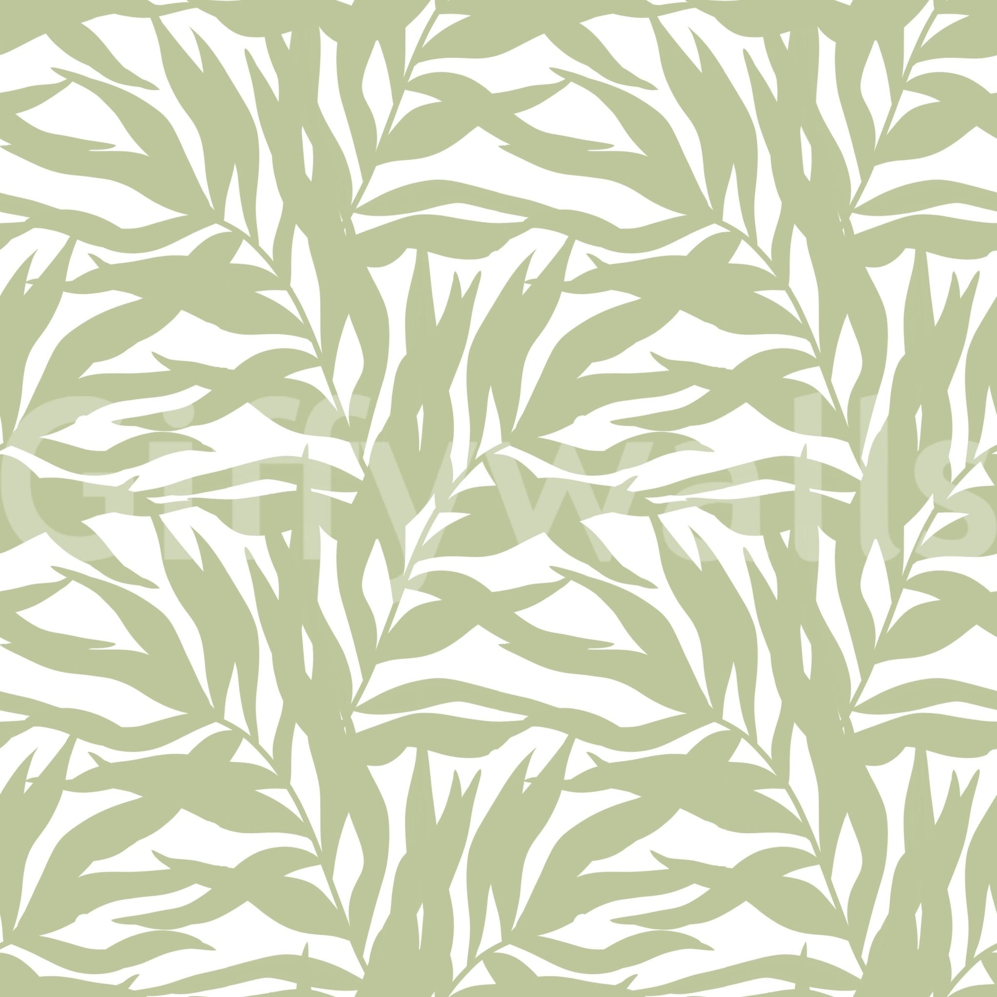 Calm botanical wallpaper showing repeating sage canopy leaves throughout, GD8815