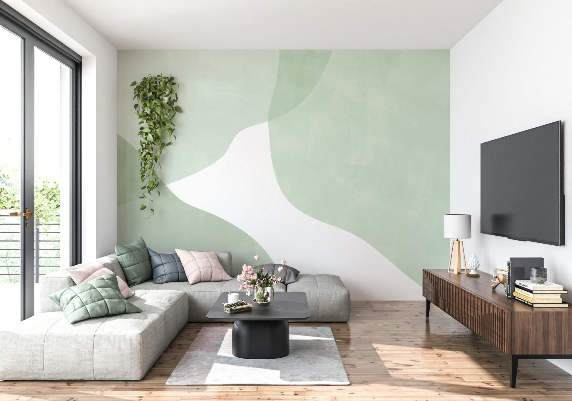 A graceful subtle texture wall mural in soft, sage tones.