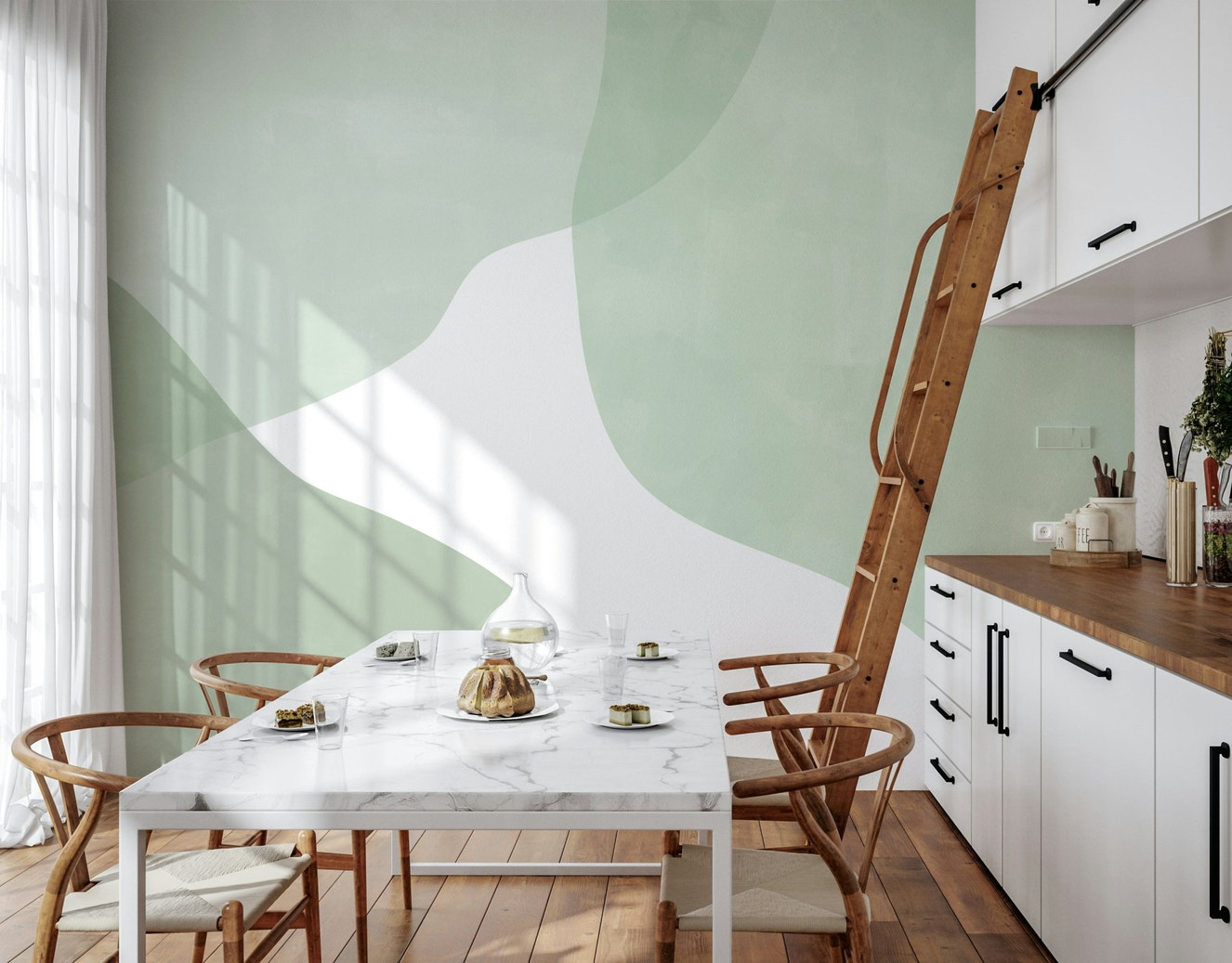 A beautiful serene sage green wallpaper mural for a modern home.