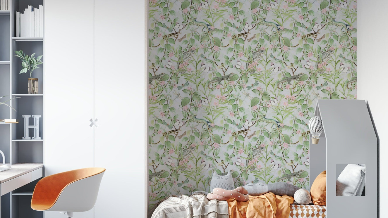 Lush leafy wall mural creating a calming sanctuary


