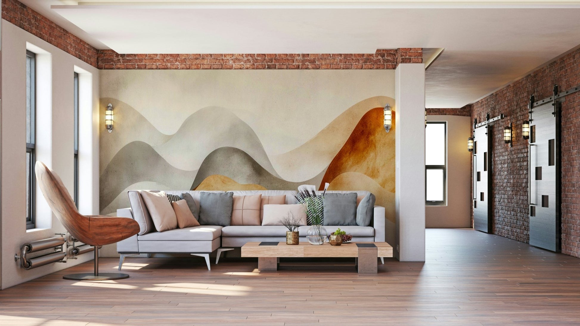Living room accent with calm sand wallpaper

