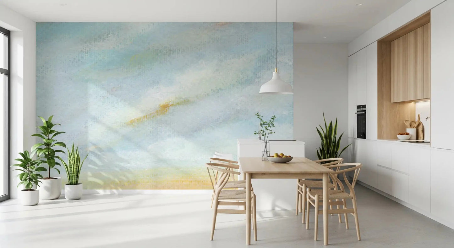 The Serene Sky Whisper Wall Mural showcases a calm and misty watercolor horizon look.