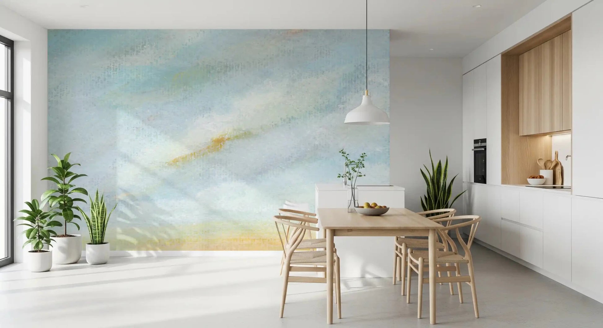 The Serene Sky Whisper Wall Mural showcases a calm and misty watercolor horizon look.