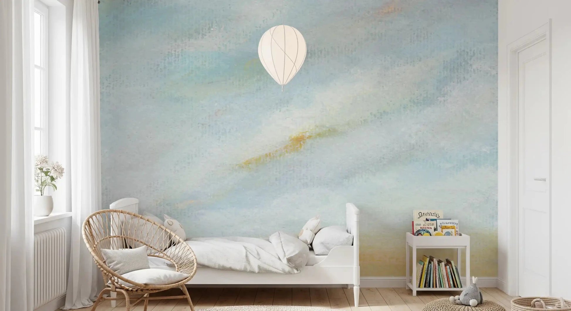 Serene Sky Whisper Wall Mural provides a breezy backdrop for this modern Kids room setting.
