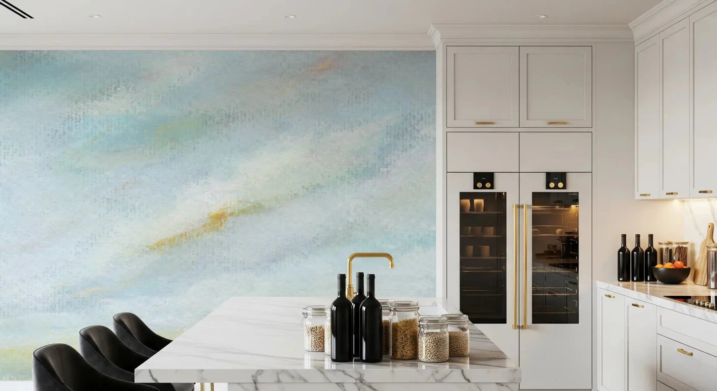 Fresh watercolor washes of the Serene Sky Whisper Wall Mural brighten a kitchen area.