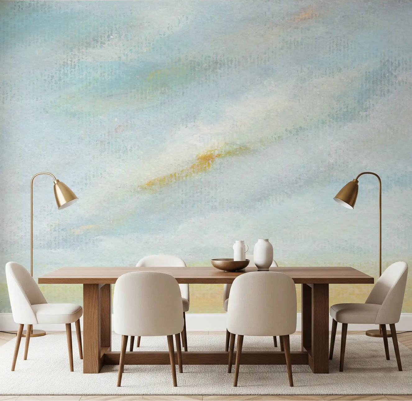 Serene Sky Whisper Wall Mural brings soft blue watercolor vibes to this dining area.