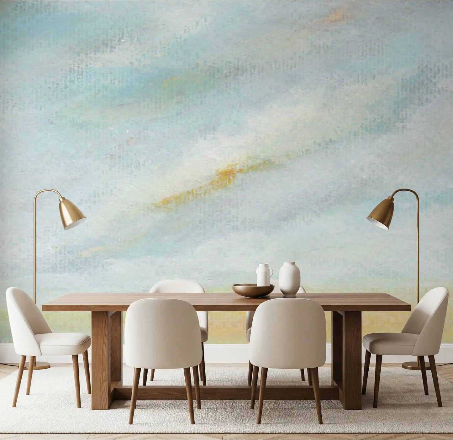 Serene Sky Whisper Wall Mural brings soft blue watercolor vibes to this dining area.