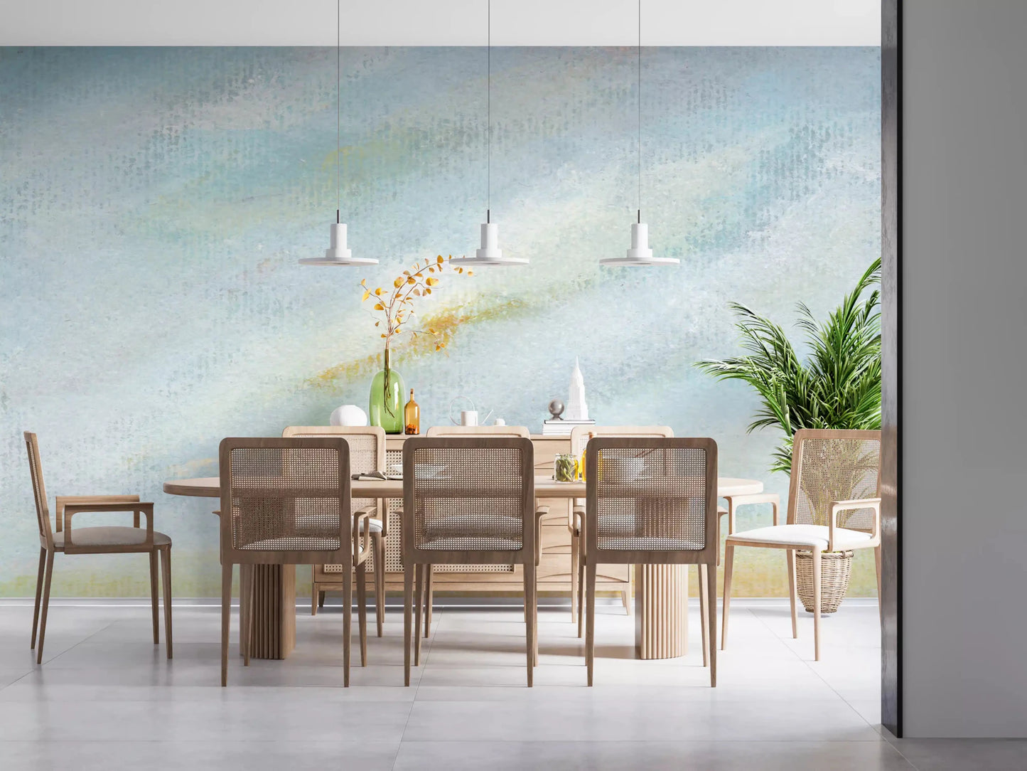 Serene Sky Whisper Wall Mural adds a gentle sky effect to a modern living room.