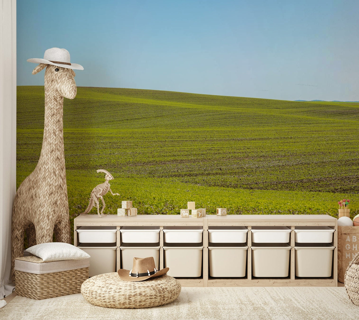 Calm countryside mural in spring tones

