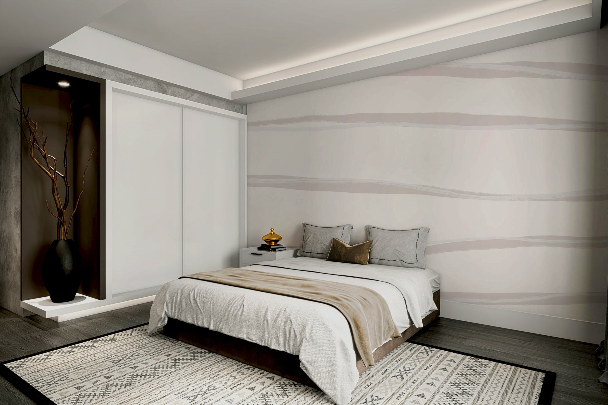 A graceful subtle pattern wall mural in cool, natural tones.

