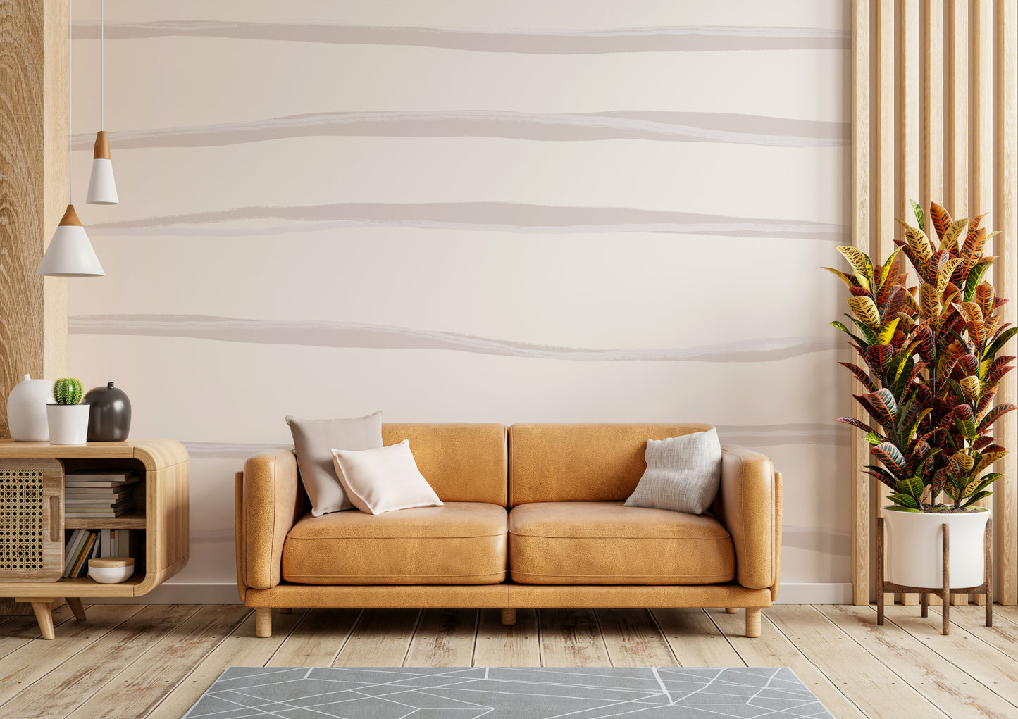 An artistic modern stripe mural on minimalist wallpaper.


