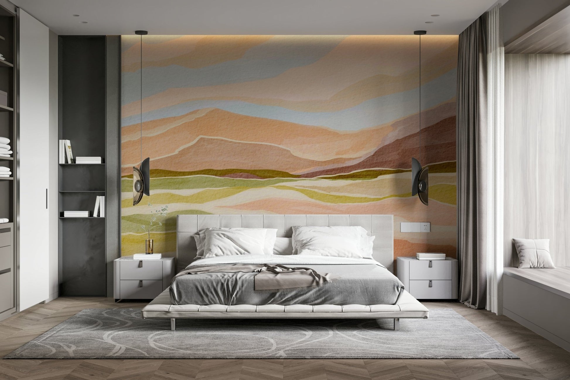 Relaxation space with warm sunset wall mural


