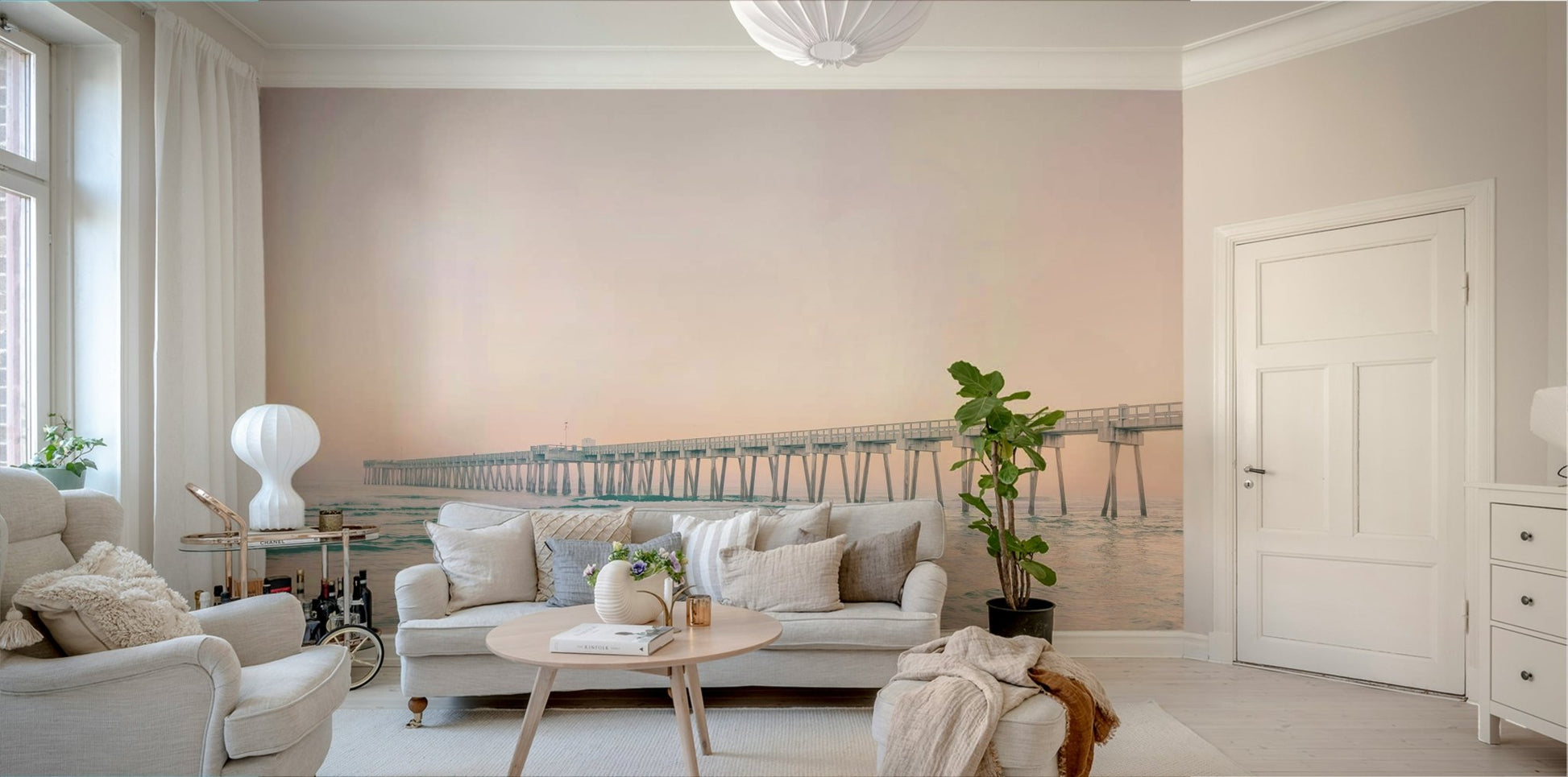 Nature wall mural with serene sunset and wooden dock


