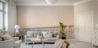 Nature wall mural with serene sunset and wooden dock

