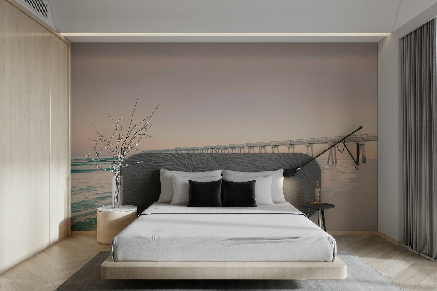 Scenic wall mural with pier and orange sunset hues

