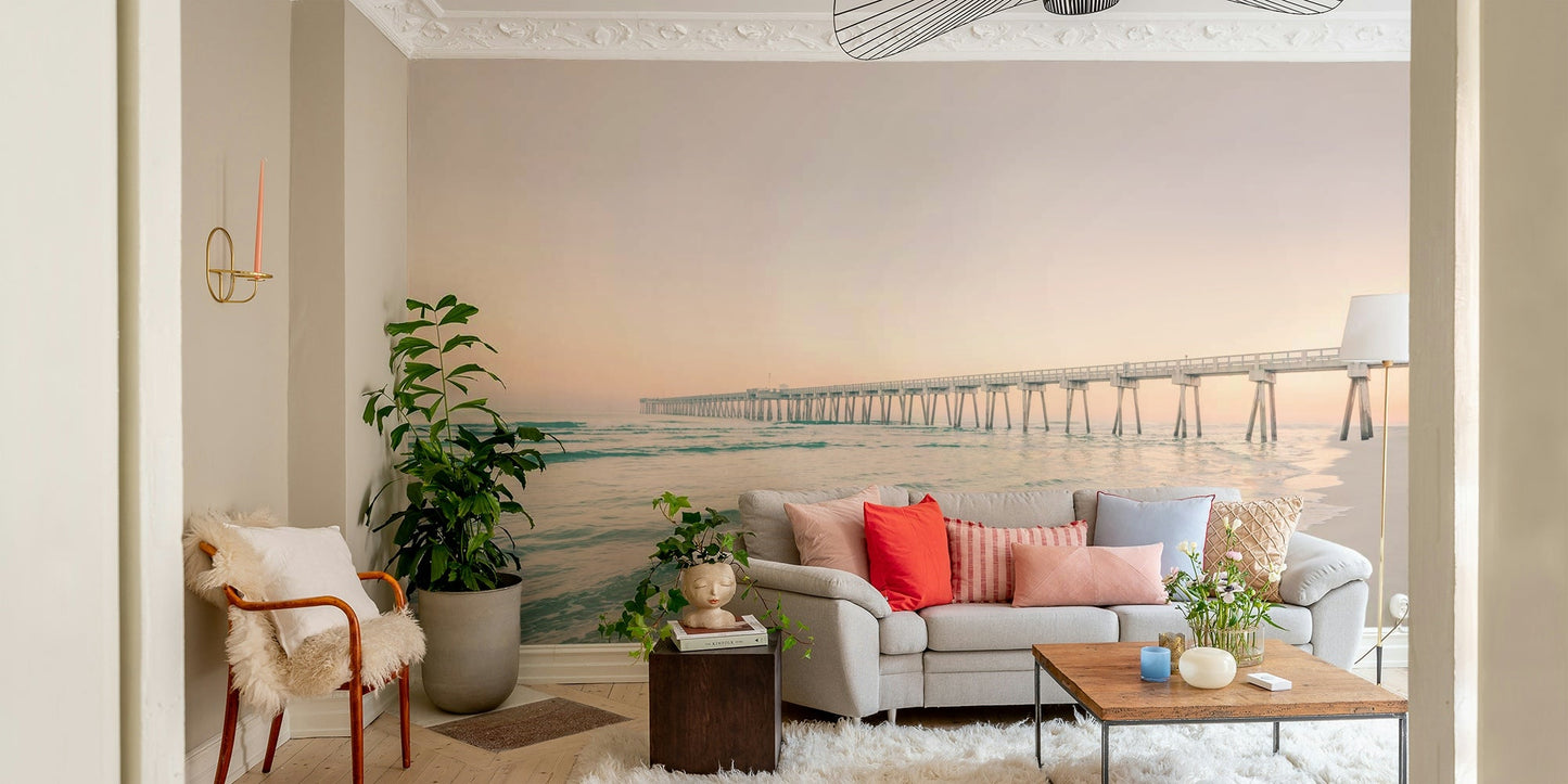 Sunset pier scene mural for peaceful ambiance

