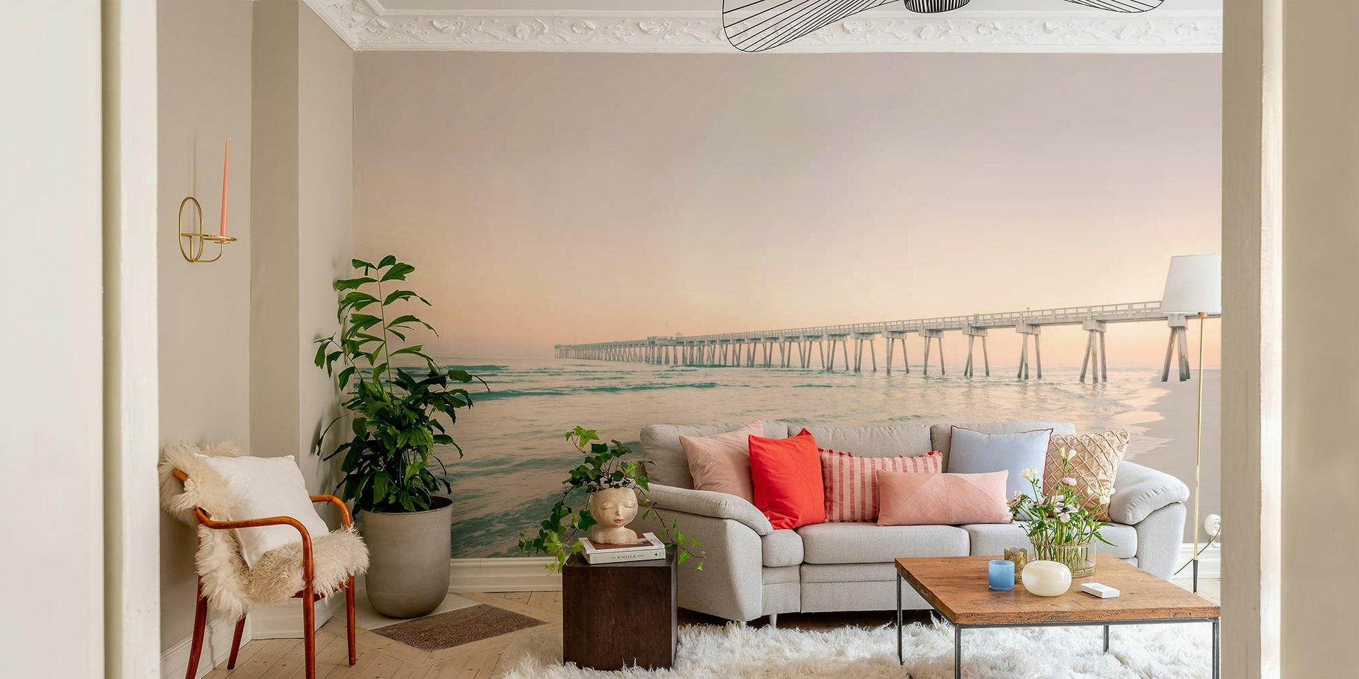 Sunset pier scene mural for peaceful ambiance

