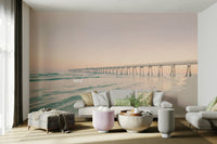 Sunset pier mural with calming ocean reflections

