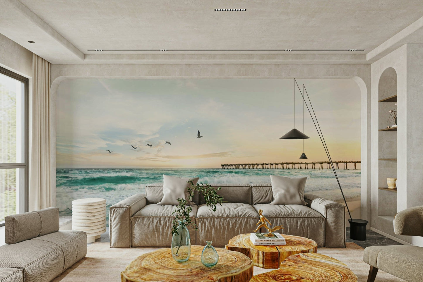 Horizon seascape mural in warm sunset colors

