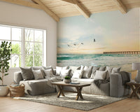 Peaceful sea and sky wall mural in sunset palette


