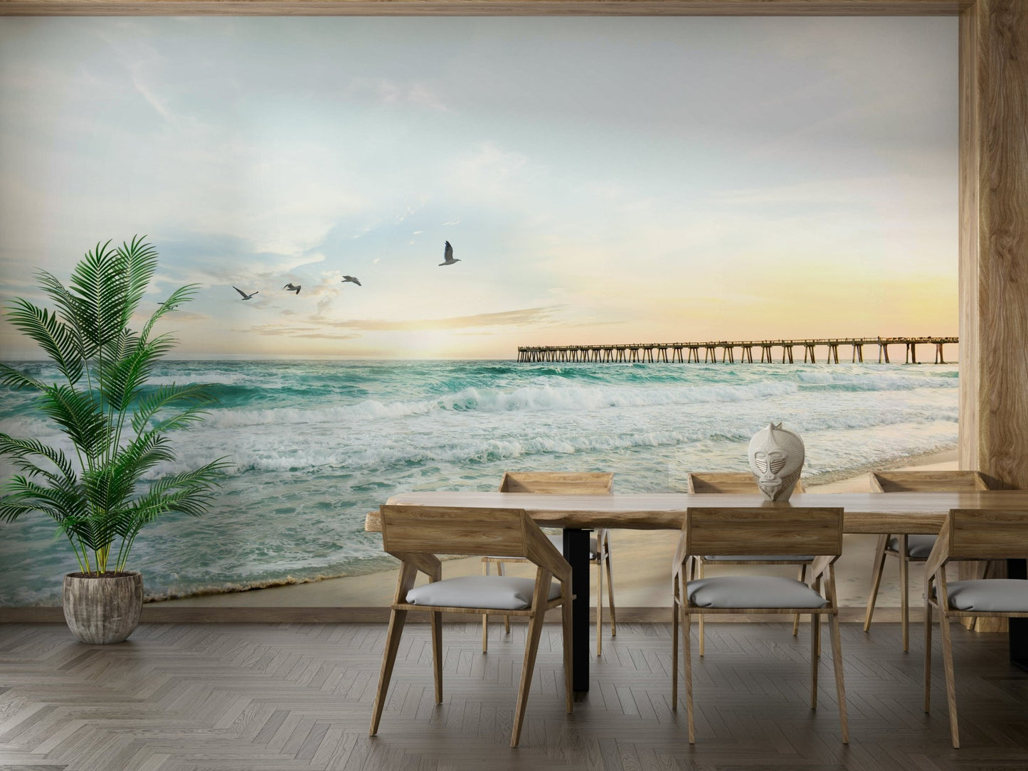 Peaceful seascape mural featuring a golden sunset

