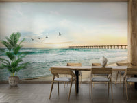 Peaceful seascape mural featuring a golden sunset

