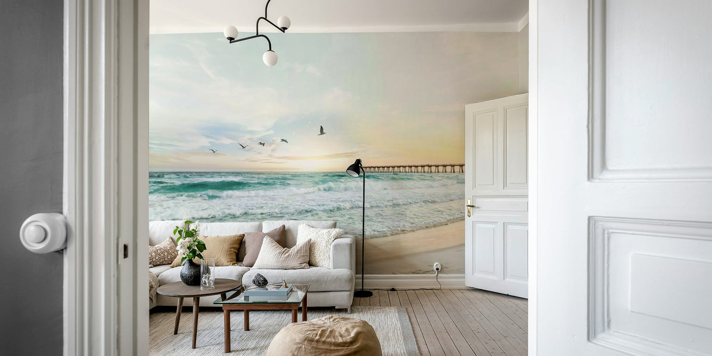 Ocean horizon wall mural with sunset glow

