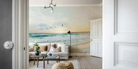 Ocean horizon wall mural with sunset glow

