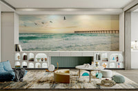 Tranquil beach sunset mural with pastel sky tones

