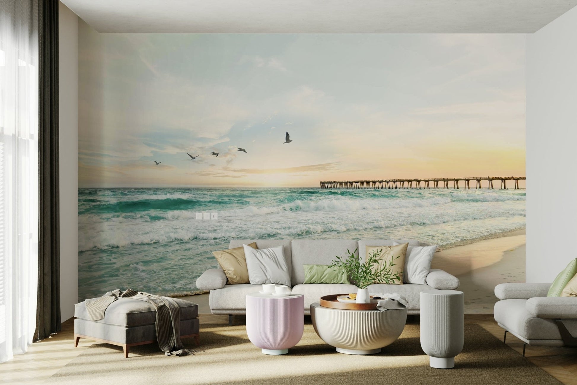 Dreamy ocean view mural with sunset reflections

