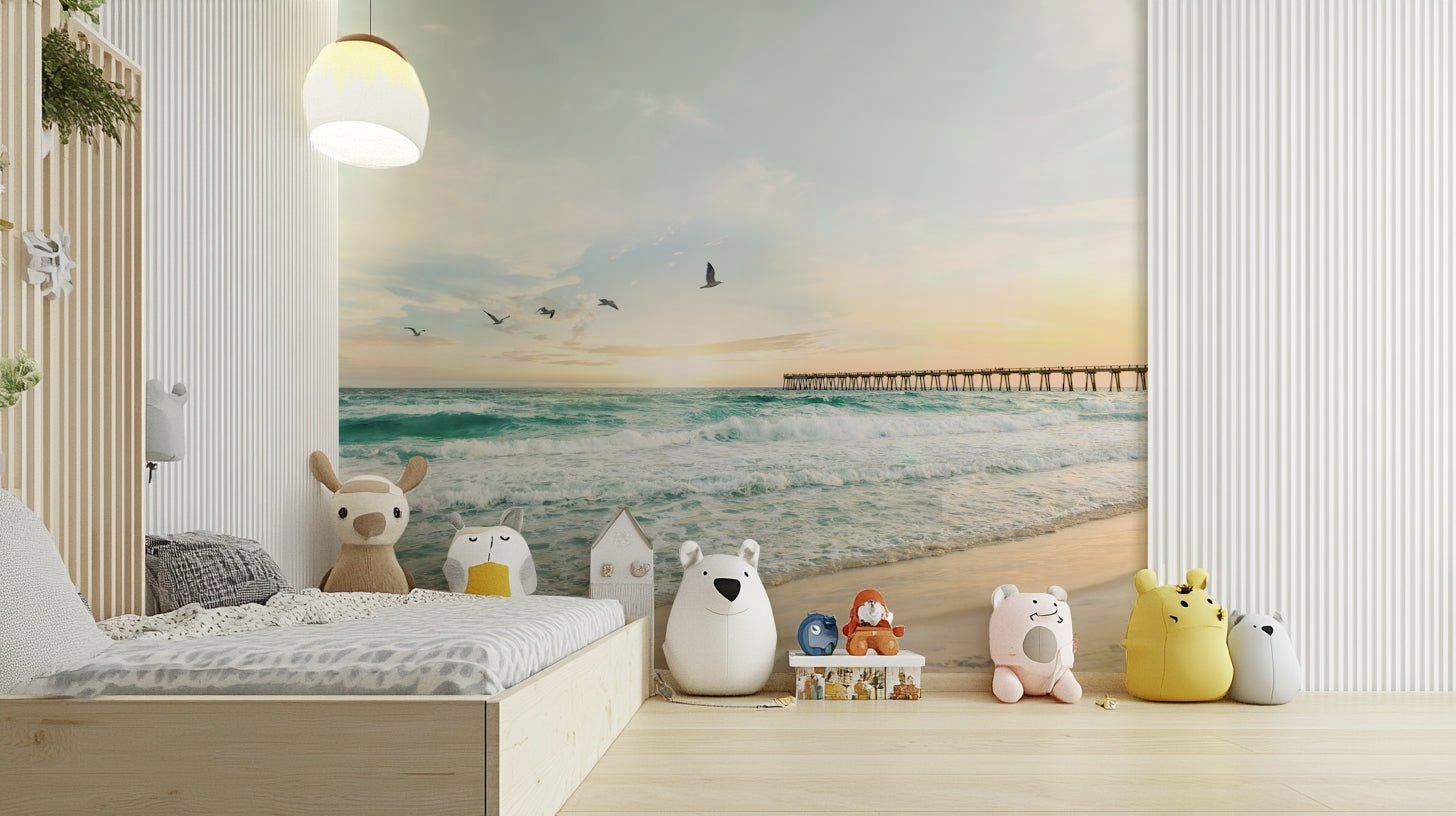 Serene sunset seascape wall mural with calm waters

