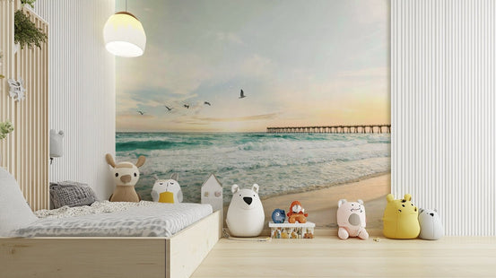 Serene sunset seascape wall mural with calm waters, GD1722