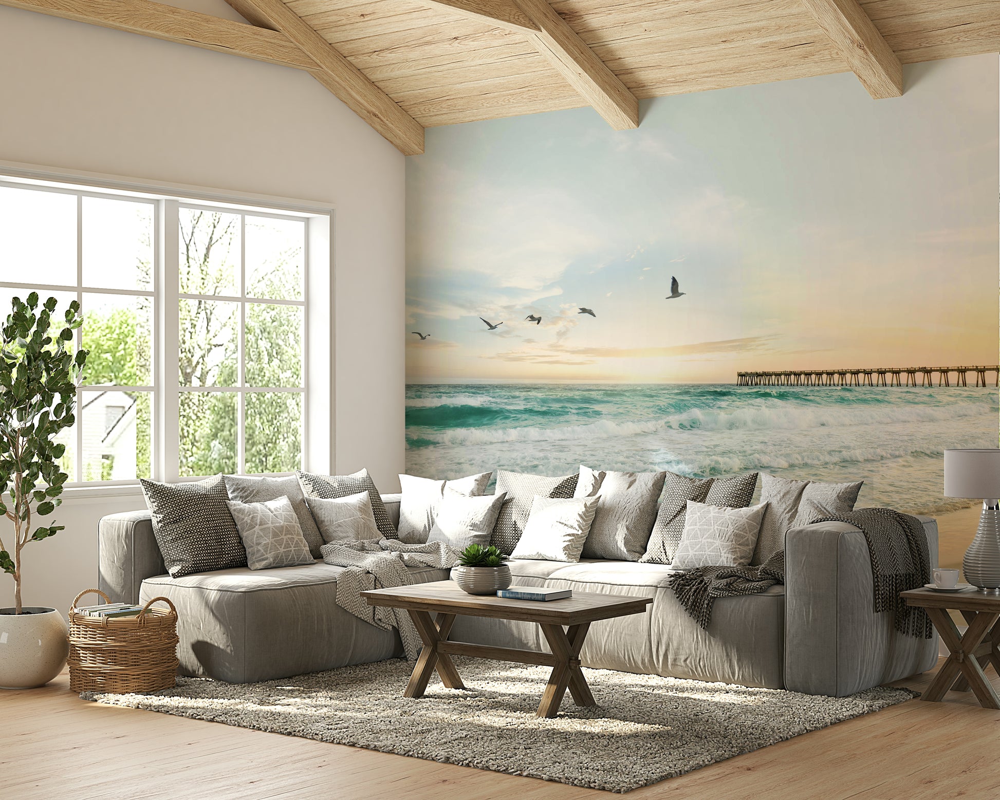 Peaceful sea and sky wall mural in sunset palette

