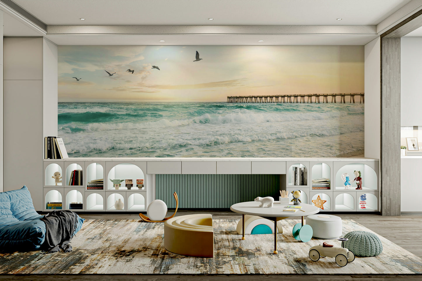 Tranquil beach sunset mural with pastel sky tones

