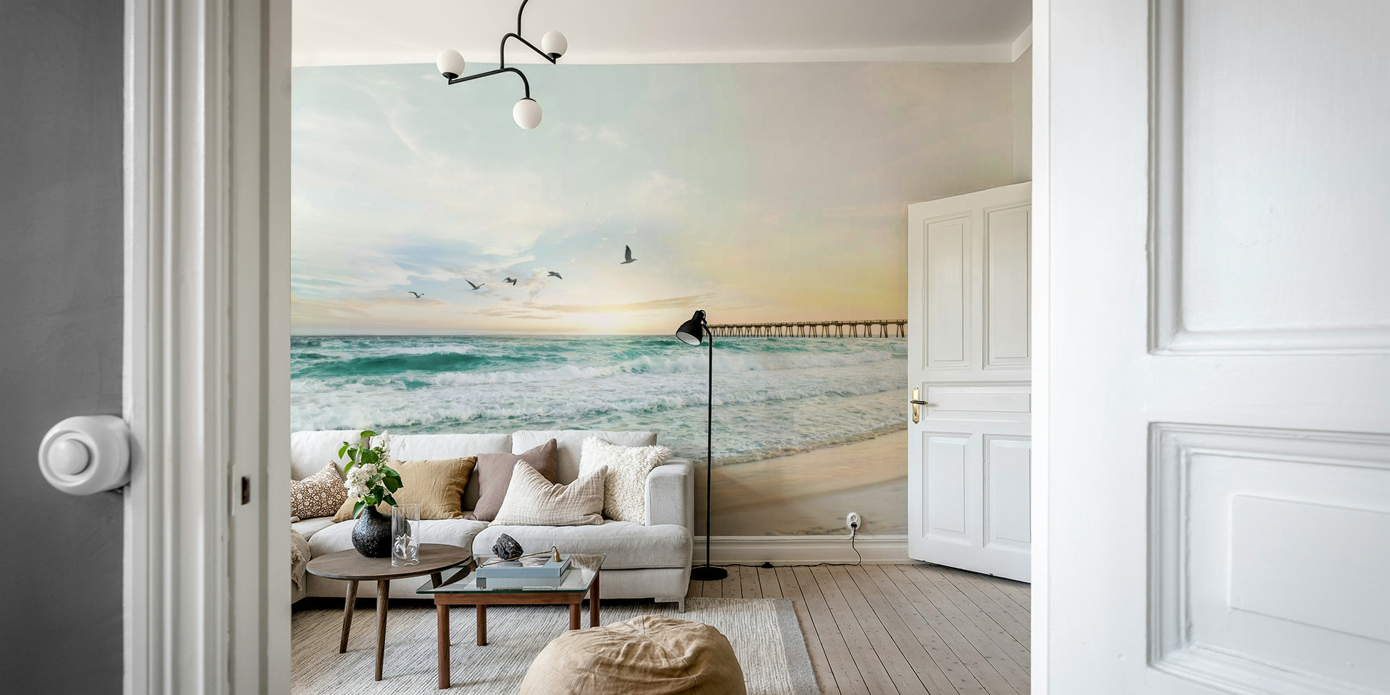 Ocean horizon wall mural with sunset glow

