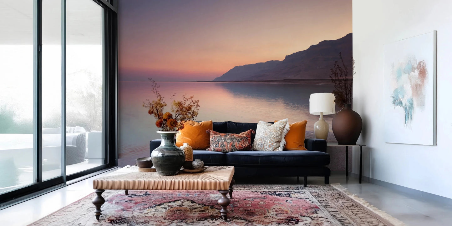Serene Sunset Shoreline wall mural with mountain coast detail, GD8752