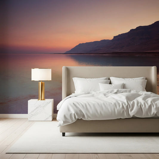 Bedroom styled with Serene Sunset Shoreline wall mural scene