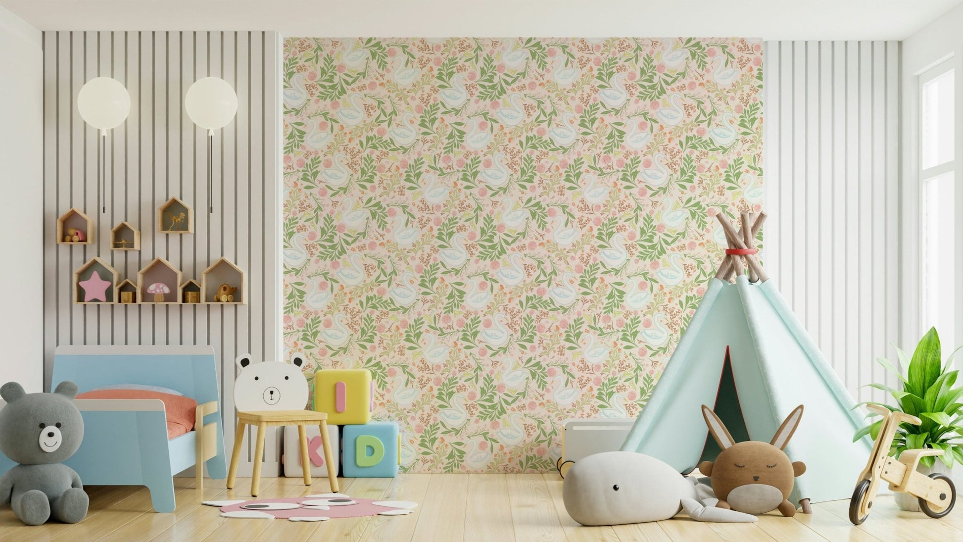 A wallpaper design with swans and floral patterns.

