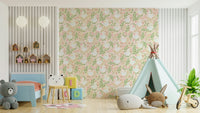 A wallpaper design with swans and floral patterns.

