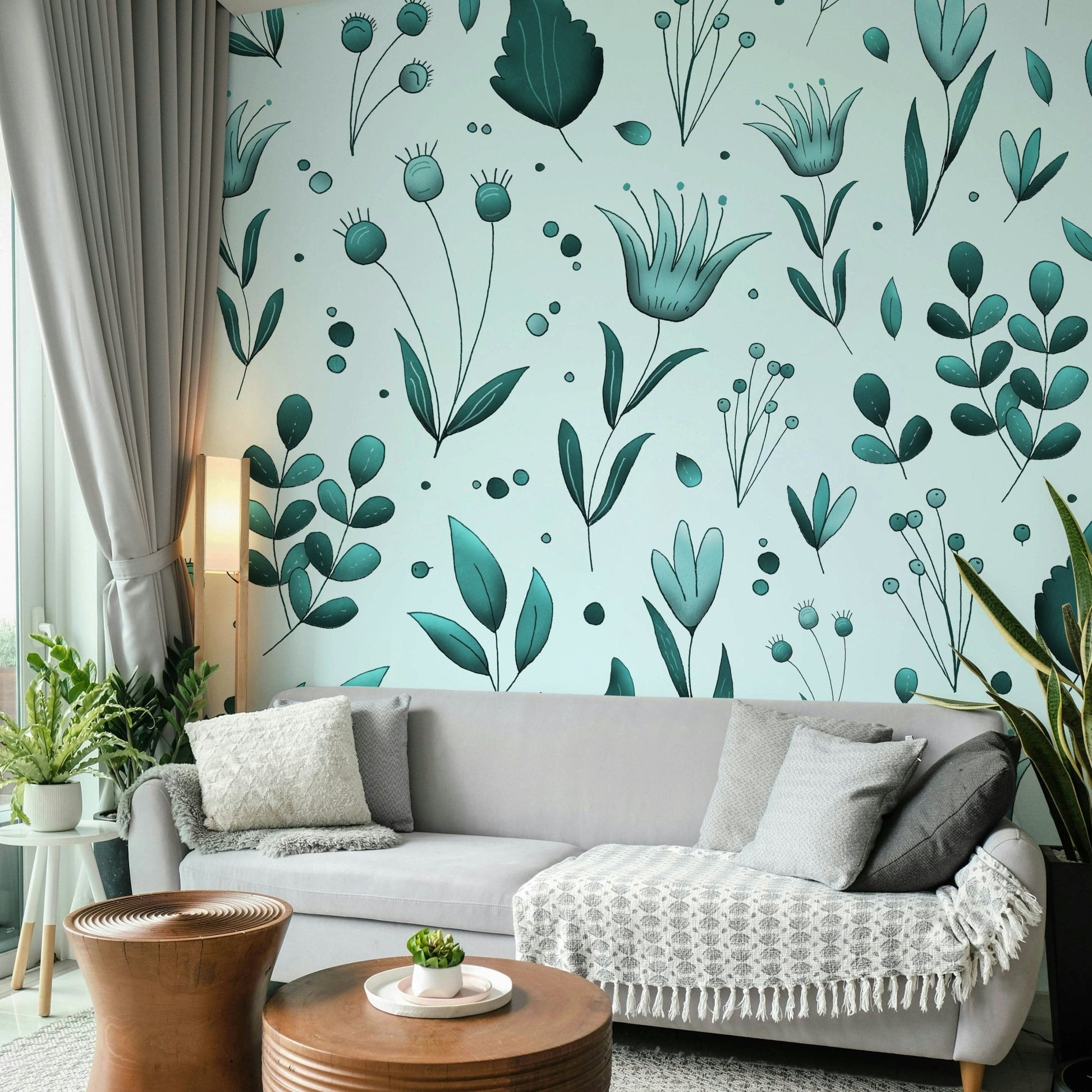 Serene Teal Garden wallpaper detail GD042

